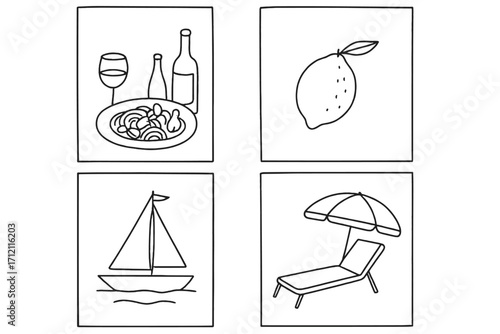 Hand drawn la dolce vita vector icon set. Minimalist line art of Mediterranean summer vacation symbols like Italian food, pasta, wine, lemon, yacht, and beach sun lounger.