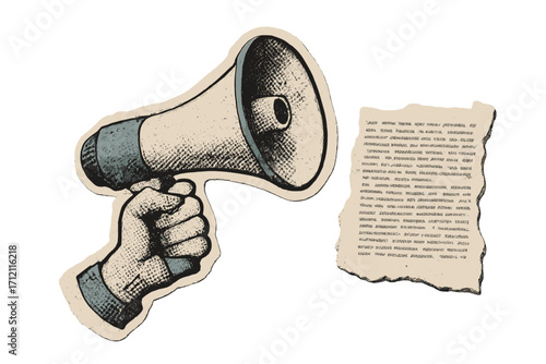 Hand with megaphone, breaking news concept. Halftone collage with loudspeaker and newspaper clipping. Attention, protest, announcement illustration. Retro propaganda vector art.