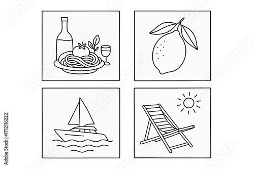 La dolce vita minimalist icon set. Hand drawn line art of Italian food, pasta, wine, lemon, yacht and sun lounger. Mediterranean summer vacation vector illustrations.