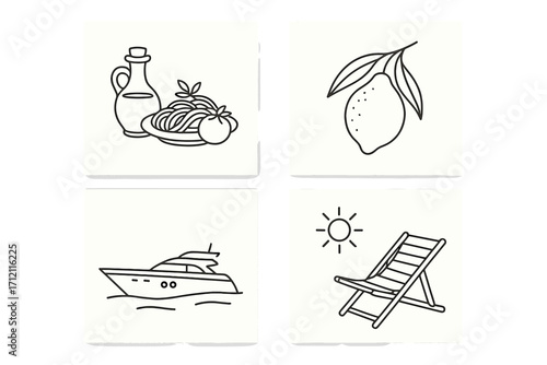 La dolce vita minimalist line art icon set. Mediterranean summer concept with pasta, lemon, yacht, sun lounger. Italian vacation and food vector icons for travel logo.