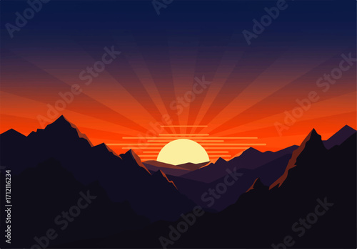 A stylized digital illustration of a sunset over dark mountain peaks, with radiant orange and yellow light against a dark blue sky.