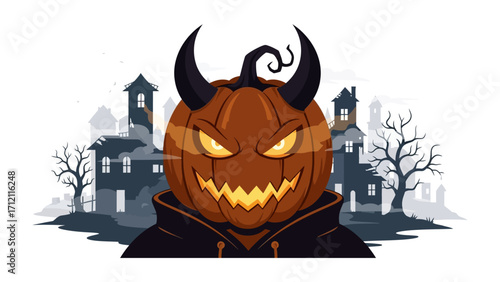 Spooky Pumpkin Demon on Halloween: A chilling depiction of a demonic pumpkin ready for Halloween night. Amidst a ghostly city silhouette, the illustration is evocative of the eerie atmosphere.