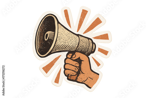Hand holding loudspeaker in retro collage style. Megaphone for announcement, news or protest. Vintage 90s magazine sticker design with halftone texture. Communication concept.