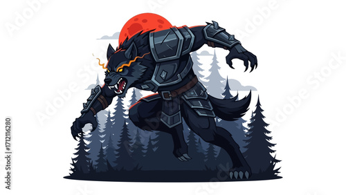 Werewolf on the Hunt: An imposing, illustrated werewolf, a symbol of primal power and the night, stands poised against a backdrop of shadowy forest and a haunting crimson moon.