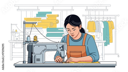 Crafting Threads of Precision: Capturing a dedicated woman skillfully operates a sewing machine in her well-lit workshop. It's a visual ode to craftsmanship and design. 