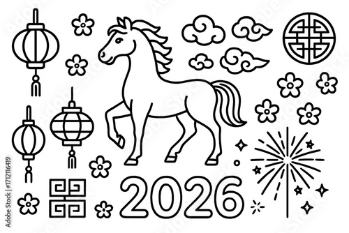 Chinese New Year 2026 Year of the Horse design elements. Asian lunar holiday linear icon set with zodiac animal, lantern, flower, cloud, and firework. Vector outline icons.