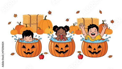 Spooky Pumpkin Fun: A playful illustration of happy children enjoying a Halloween-themed splash, joyfully splashing water in jack-o'-lanterns, surrounded by pumpkins and autumn elements.