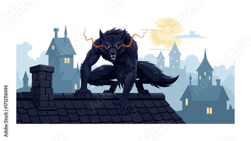 Howling at the Moon: A fierce werewolf, illuminated by moonlight, crouches on a rooftop, overlooking a quaint town in a digital illustration, the scene evokes a sense of mystery and suspense.