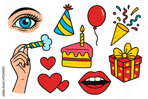 Happy birthday pop art sticker set. Retro comic style celebration collection with cake, gift, balloon, party hat. Cartoon vector illustration with eye, lips, hand elements.