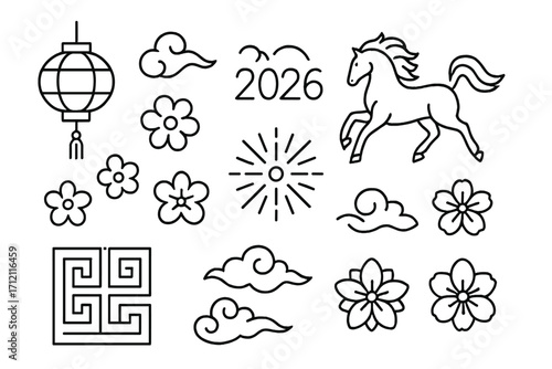 Chinese New Year 2026 Year of the Horse line art icon set. Asian Lunar New Year holiday elements. Vector collection with horse, lantern, firework, flower, cloud icons.