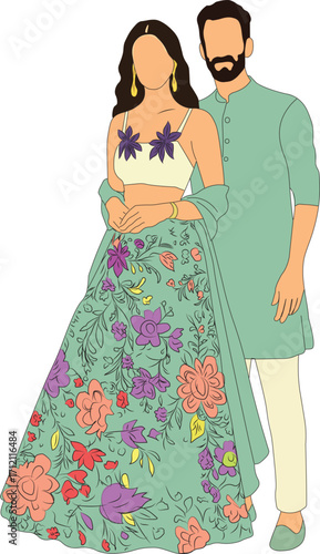 Illustration of Couple in Traditional Indian Clothing