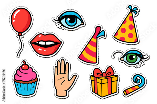 Happy birthday pop art vector sticker set. Cartoon celebration collage with party elements: gift, cupcake, balloon, hat. Surreal design with isolated eye, lips, hand.