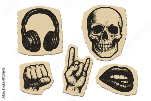 Hard rock music collage elements set. Grunge torn paper stickers with halftone texture. Heavy metal symbols: skull, headphones, rock hand gesture, fist, and rebellious lips.