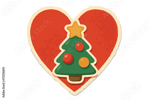Vintage Christmas tree heart sticker. Retro torn paper collage. Festive holiday graphic with halftone texture. Vector love symbol for Xmas. Naive cartoon illustration.