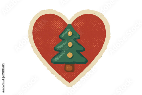 Christmas tree heart vector illustration. Torn paper sticker in naive halftone collage style. Vintage holiday graphic element. Festive love symbol for greeting card design.