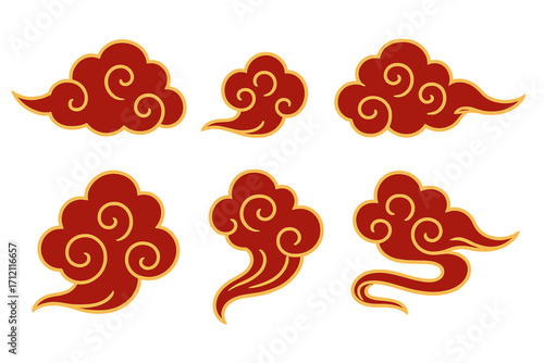 Set of traditional Japanese and Chinese clouds. Red and gold oriental ornament collection. Asian wavy decorative element. Eastern sky, wind and weather vector clipart.