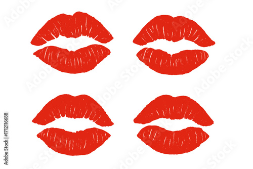 Red lipstick kiss mark print vector collection. Set of isolated female mouth imprints. Icon for love, romance, passion, Valentine's day. Makeup and beauty glamour symbol.