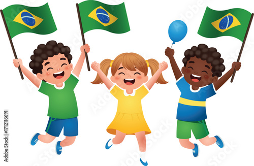 Children Cheering with Brazilian Flags Illustration 