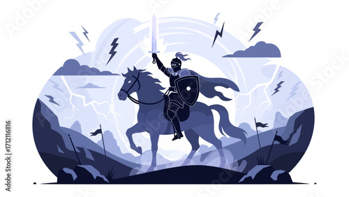 Knight and Horse Amidst Storm: An artistic rendering of a brave knight, astride a majestic horse, brandishing a sword amidst a stormy sky, symbolizing courage, strength.