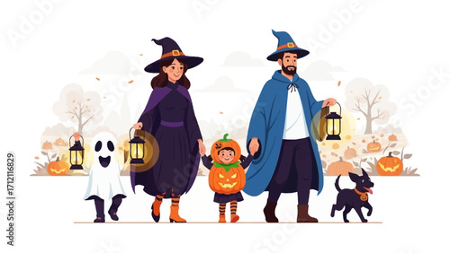 Halloween Family Outing: A heartwarming scene of a family dressed in festive costumes, strolling together hand-in-hand during a whimsical Halloween celebration, creating unforgettable memories.