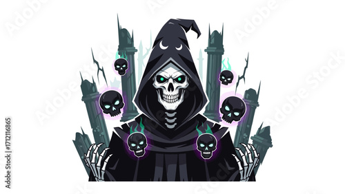 The Grim Specter: A chilling depiction of the Grim Reaper, enveloped in a dark cloak and hood, surrounded by eerie skulls and ghostly apparitions.