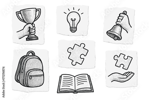 Hand drawn education icons on torn paper. Back to school concept. Learning, achievement, ideas. Halftone sketch collage elements. Trophy, lightbulb, puzzle, book, bell vector set.