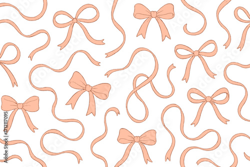 Retro coquette aesthetic seamless pattern with thin ribbons and bows. Vector vintage background. Girly coquettish pastel design for Valentine's day, wedding or baby shower.