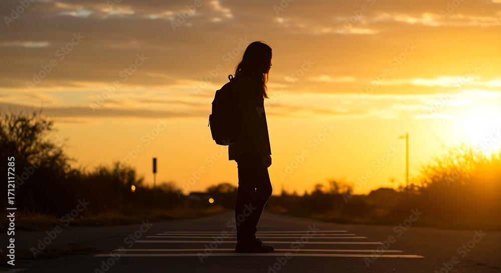 Fototapeta premium A person standing on a road at sunset