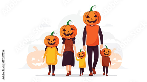 Pumpkin-Headed Family Parade: A close-knit family, each adorned with cheerful pumpkin heads, strides forward together, embodying the joy and togetherness of Halloween festivities.
