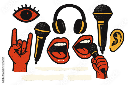 Rock music karaoke halftone collage elements set. Grunge hands, microphones, headphones, eye, singing mouths, ear and torn paper stickers. Trendy modern retro vector.