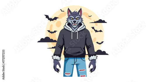 Werewolf in Moonlight: A stylized werewolf figure stands boldly against a vibrant full moon backdrop, with bats and clouds. evoking a sense of mystery and gothic charm.
