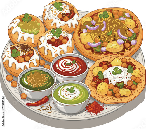 Illustration of Indian Chaat with Sauces