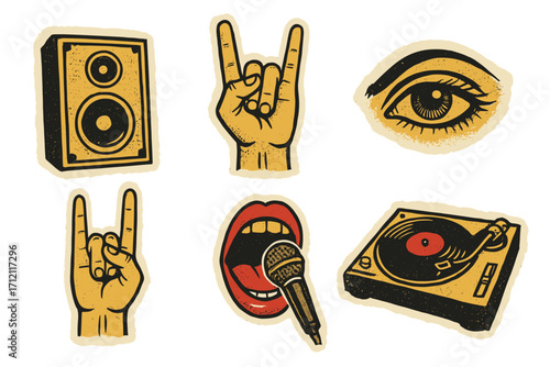 Rock music festival collage elements set. Retro grunge halftone stickers with hand horn sign, speaker, microphone, vinyl turntable. Concert party vector illustration.