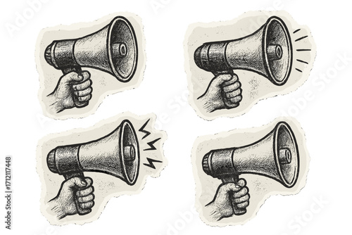 Set of hands holding loudspeakers. Torn paper sticker for collage. Retro megaphone with textured hand-drawn pencil doodles. Vector halftone illustration for protest or announcement.