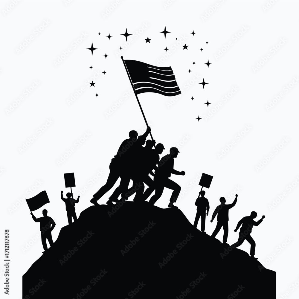 Naklejka premium Silhouettes of people raising American flag on hill with stars