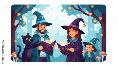 Family of Wizards Enchanted: A magical family, consisting of a father, mother, and child, surrounded by elements of enchantment, immerses itself in a book of spells alongside their feline companion.