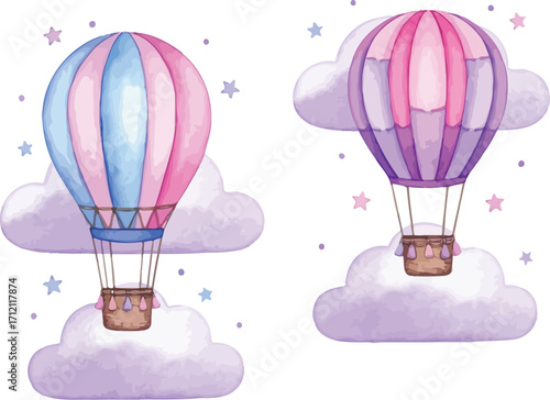 Two whimsical watercolor hot air balloons with striped patterns floating on fluffy clouds under a starry sky