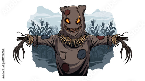 Spooky Scarecrow: A chilling illustration depicts a scarecrow, crafted from burlap and straw, standing menacingly amidst a fog-laden field.