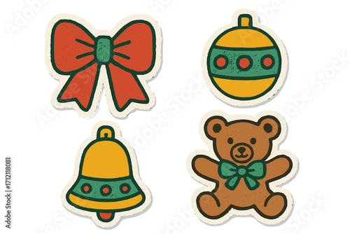 Set of Christmas stickers in retro cartoon style. Vintage holiday elements with torn paper effect. Cute teddy bear, bow, bell and bauble for scrapbooking and design.