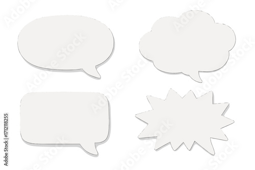 Crumpled paper speech bubble set. Communication, dialogue, message icons. Cartoon thought bubbles, comic comment box with cutout texture. Vector isolated on transparent background