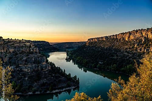 Sunset landscape in the ecosystem of the Duraton River gorges, in Segovia, Spain.