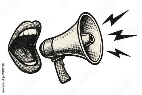 Retro pop art mouth screaming into loudspeaker. Vintage megaphone in halftone dotted style. Vector illustration for protest, communication, announcement, propaganda, or alert.