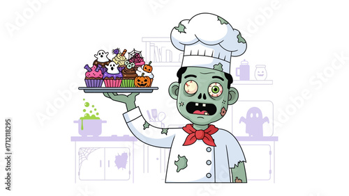 Zombie Chef and Spooky Treats: An illustrated zombie chef presents a tray of Halloween cupcakes, creating a blend of frightful and fun for the spooky season. 