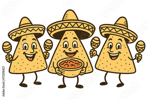 Funny retro nachos characters in sombreros holding maracas and a tomato salsa bowl. Mexican food mascot concept for restaurant menu, logo, or party invitation. Vector.