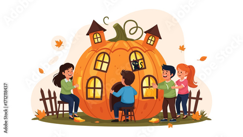 Whimsical Pumpkin House Gathering: A cheerful group of children gathers around a fantastical pumpkin house, their faces filled with wonder and glee. Autumn leaves gently fall.