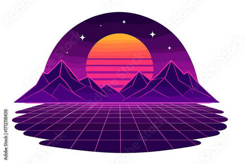 Futuristic retro landscape with grid and mountains. 80s style synthwave vector illustration. Digital retro cyber surface. Neon sunset over a virtual reality world background.