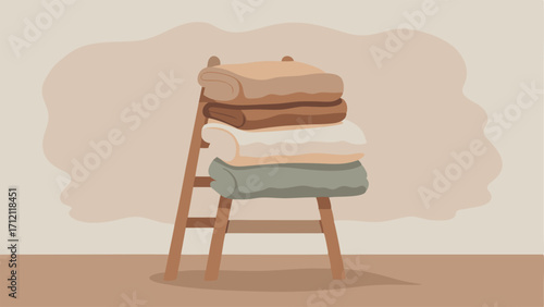 A stack of fluffy neutralcolored blankets resting on a wooden ladder against a textured offwhite wall.