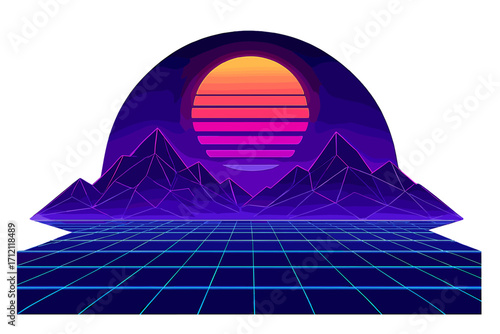 Futuristic retro landscape in 80s synthwave style. Neon laser grid and wireframe mountains. Digital cyber surface with vibrant sunset. Sci-fi vector background for music.