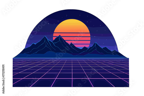 Retrowave synthwave futuristic landscape with a neon grid and mountains. Vector illustration in a 1980s style of a digital cyber surface with a retro sunset and starry sky.