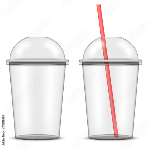 Transparent plastic takeaway empty cups with dome lids and red drinking straw realistic 3d vector mockup, isolated beverage blank containers illustration for juice, soda, milkshake, smoothie.